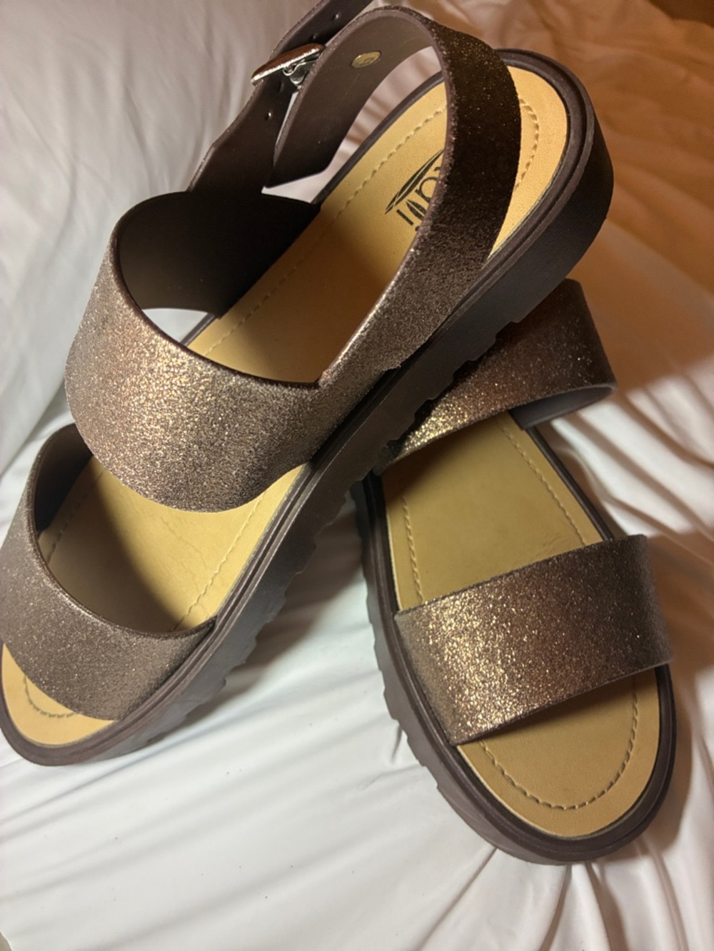 Kali Metallic Bronze Glitter Strap Sandals